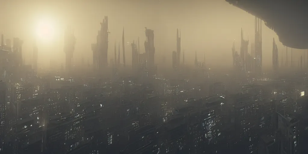 Image similar to Coruscant cityscape, Blade Runner style, industrial towers, huge mechanical bridges, buildings design by Tadao Ando and Denis Villeneuve, photorealistic, octane render, 8k