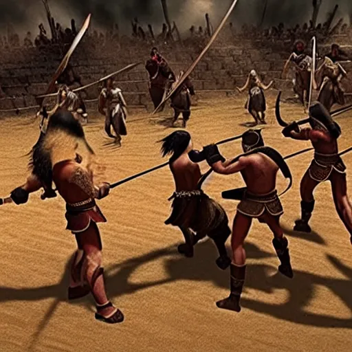 Image similar to amazon warriors fighting in the arena, cinematic, highly detailed, action movie