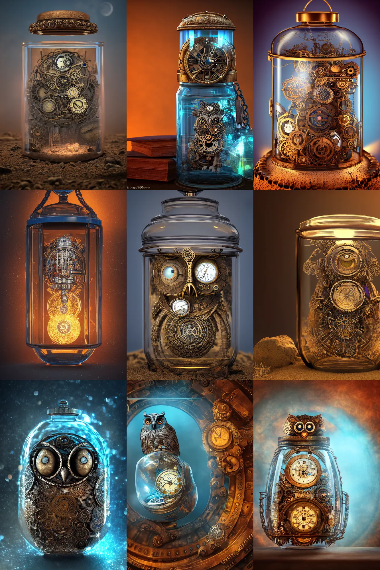 Prompt: steampunk aztec owl pocketwatch inside a glass jar buried in sand, spellbook, intricate detail, volumetric lighting, epic composition, hyper detailed, ultra realistic, sharp focus, octane render, lava lamp, blue moon, volumetric, ray tracing, sense of awe, swirling mist, 4 k