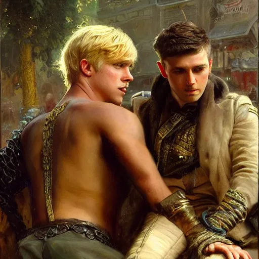 Image similar to attractive male, arthur pendragon who has blond hair confesses his love to attractive male, merlin who has dark hair. highly detailed painting by gaston bussiere, craig mullins, j. c. leyendecker 8 k