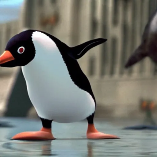 Prompt: film still of a pixar film of a communist penguin escaping russia
