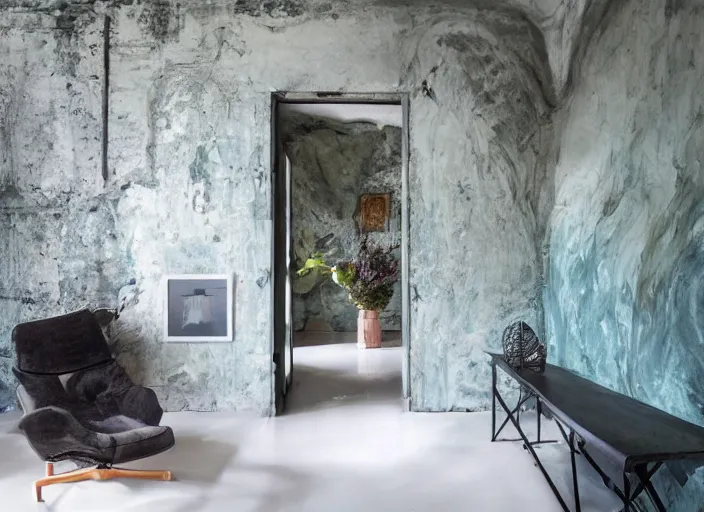 Image similar to Liminal space underwater, stucco walls, clean floors, maximalist, cosy