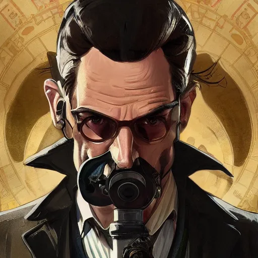 Image similar to [UHD Professor Moriarty as a GTA characters on the streets of futuristic steampunk London, correct faces, intricate, elegant, graphic detail, digital painting, trending on artstation, concept art, tonalism, sharp focus, illustration, art by Todd McFarlane and Greg Rutkowski and Alphonse Mucha]