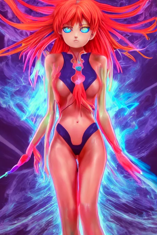 Image similar to a hyperdimensional priestess, Asuka Langley from Evangelion, neon rainbow quartz, gemstone, 4k detailed hyperrealistic digital photo by Andy Thomas, Mario Martinez, Daniel Mirante, Gustave Dore, Artstation, CGsociety