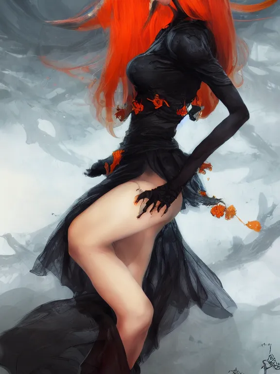 Prompt: Full shot of a cute mischievous young witch about to get up to some trouble. Latin inspired fashion. Black and Orange palette. By Ruan Jia and Artgerm and Range Murata and WLOP and CLAMP. Key Art. Fantasy Illustration. award winning, Artstation, intricate details, realistic, Hyperdetailed, 8k resolution.