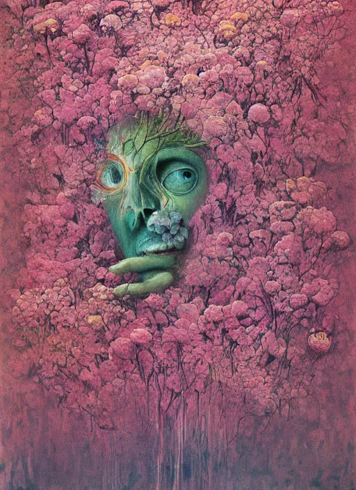 Prompt: a beautiful creature drowning in flowers, blurred, grotesque, doomed, neural acrylic paint, high resolution, gouache on canvas, ultra detailed, vibrant colors, grotesque, wrapped thermal background, slimey, art by francis bacon, beksinski painting