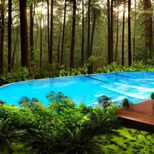 Prompt: abnormally large and complex shaped swimming pool in the middle of the forest, high details, ultra realistic, high fidelity