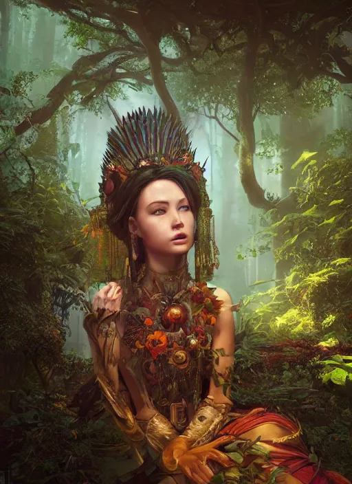 Image similar to Beautiful art portrait of a female fantasy priestess in a bright temple surrounded by lush forest, atmospheric lighting, intricate detail, cgsociety, hyperrealistic, octane render, RPG portrait, ambient light, dynamic lighting