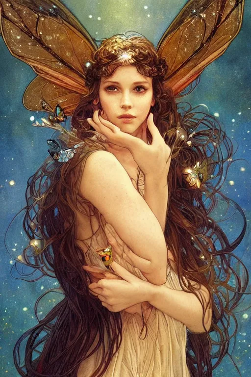 Prompt: portrait of beautiful faerie with butterfly wings, elegant, regal, intricate, fireflies in a twilight background, highly detailed, digital painting, artstation, concept art, sharp focus, watercolor ink illustration, complementary colors, art by greg rutkowski and alphonse mucha and karol bak