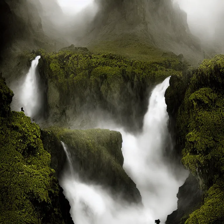 Image similar to dark and moody photo by ansel adams and pedar balke and wayne barlow, a giant tall huge woman in an extremely long white dress made out of smoke, standing inside a green mossy irish rocky scenic landscape, huge waterfall, volumetric lighting, backlit, atmospheric, fog, extremely windy, soft focus