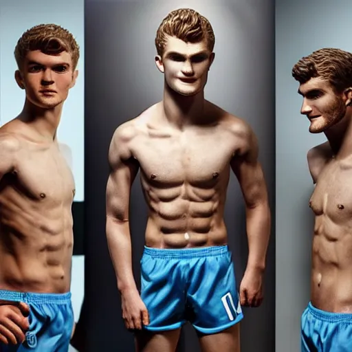 Image similar to a realistic detailed photo of a guy who is an attractive humanoid who is half robot and half humanoid, who is a male android, soccer players martin ødegaard & timo werner, shiny skin, posing like a statue, blank stare, in a living room, on display, showing off his muscles, gold soccer shorts, side view, repairing the other one