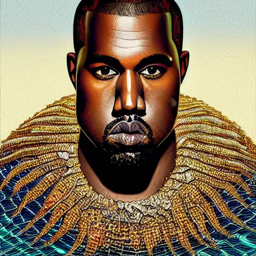 Prompt: portrait of kanye - west as a fish, with shimmering scales as skin, swimming underwater!!!, intricate, extremely detailed, digital painting, artstation, concept art, smooth, sharp focus, illustration, ambient lighting, art by artgerm and greg rutkowski and alphonse mucha and simon stalenhag
