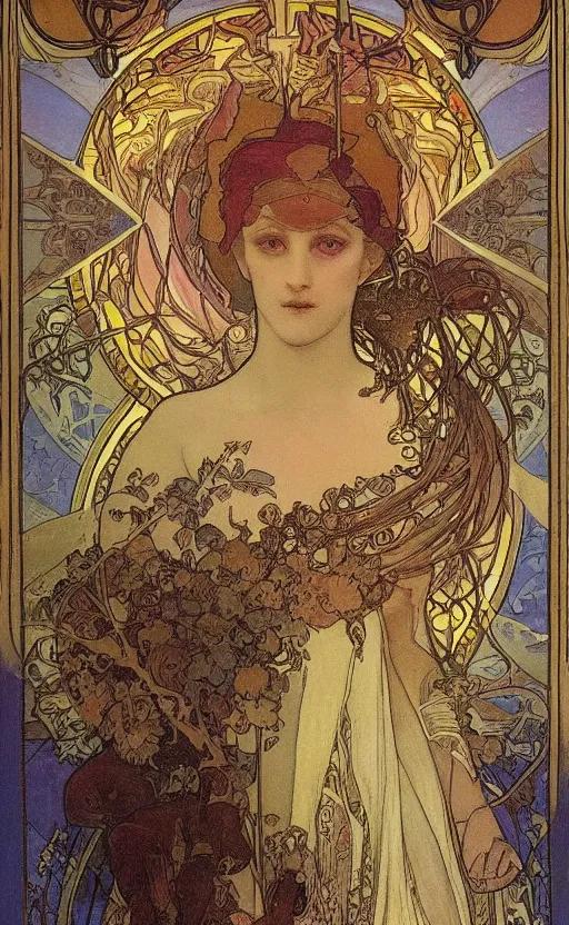 Image similar to the chariot, tarot, beautiful border, by alfons maria mucha, highly detailded