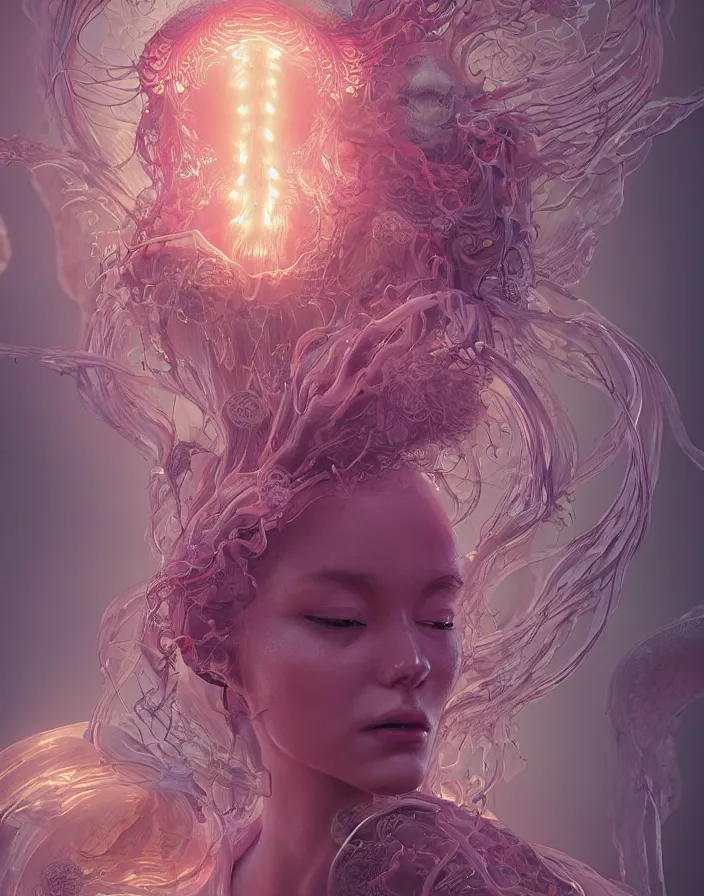 Image similar to goddess portrait. jellyfish orchid phoenix head. intricate artwork by Tooth Wu and wlop and beeple and dan mumford. octane render, trending on artstation, greg rutkowski very coherent symmetrical artwork. cinematic, hyper realism, high detail, octane render, 8k, depth of field, bokeh