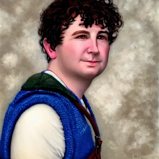 Prompt: close up headshot of a frowning clean shaven pudgy British lad with short curly dark brown hair as a hobbit wearing a white men's crossbody sling chest bag and blue vest, blue vest!! white crossbody chestbag!! high resolution film still, painting by Gerald Brom