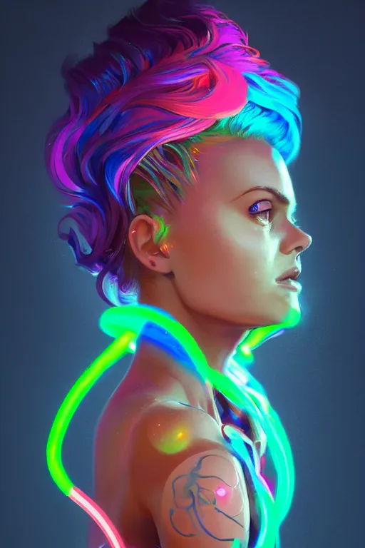 Image similar to a award winning portrait of a beautiful woman with stunning eyes in a one off shoulder crop top and cargo pants with rainbow colored hair, outlined by whirling illuminated neon lines and fine lines swirling in circles by greg rutkowski, digital art, trending on artstation