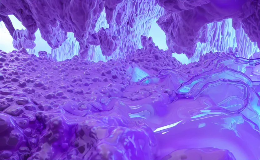 Prompt: liquid nitrogen with purple water-cooling coolant flowing through latent representations of yellow ice caverns by centrifugal forces, computer circuitry sticking out the walls!!!!, high detail, high contrast!, low-poly elements!!!, trending on artstation, octane render, subsurface scattering, ray-tracing, 4k