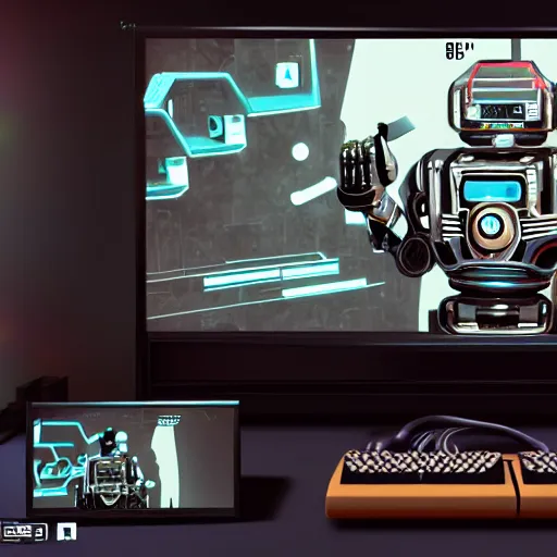 Prompt: an elaborate robot coding, on screen old video game shown, robot hold a controller, 8 k, artstation