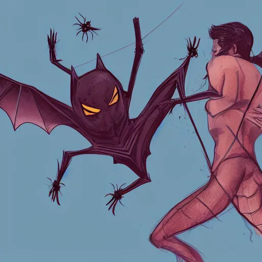 Prompt: a man who is a bat fighting a man who is a spider, detailed illustration, concept art