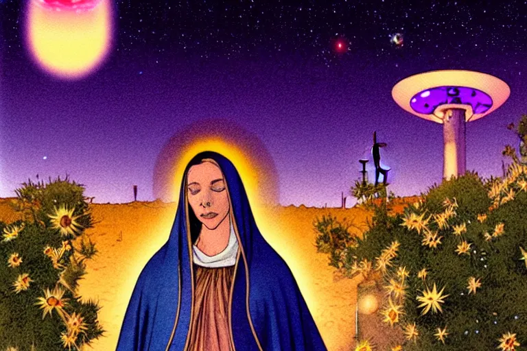 Image similar to a hyperrealist watercolour character concept art portrait of the blessed mother of guadalupe, glowing on well lit night in las vegas, nevada. there is a ufo in the background. desert elements. flowers adorn. beautiful gradients. by rebecca guay, michael kaluta, charles vess and jean moebius giraud