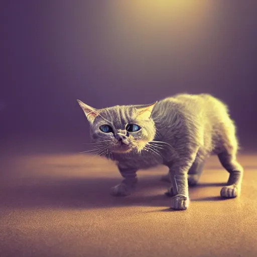 Image similar to alien cat, slowly dissolving into dust, dramatic blurred background with lights, realistic,