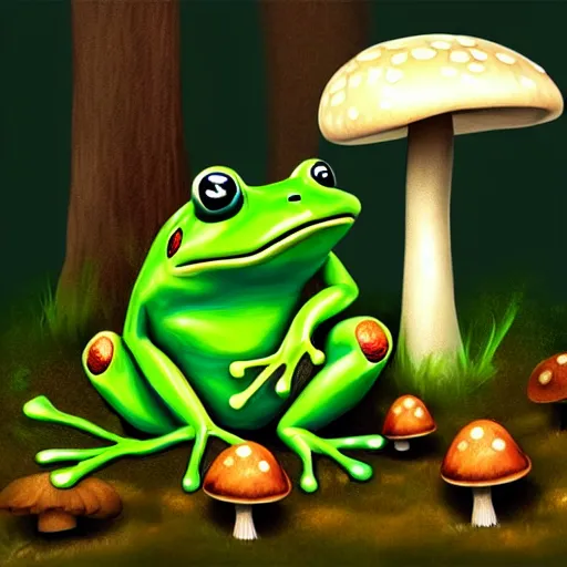 Prompt: a frog wearing a mushroom cap hat in a forest and it's raining, digital art, trending on artstation