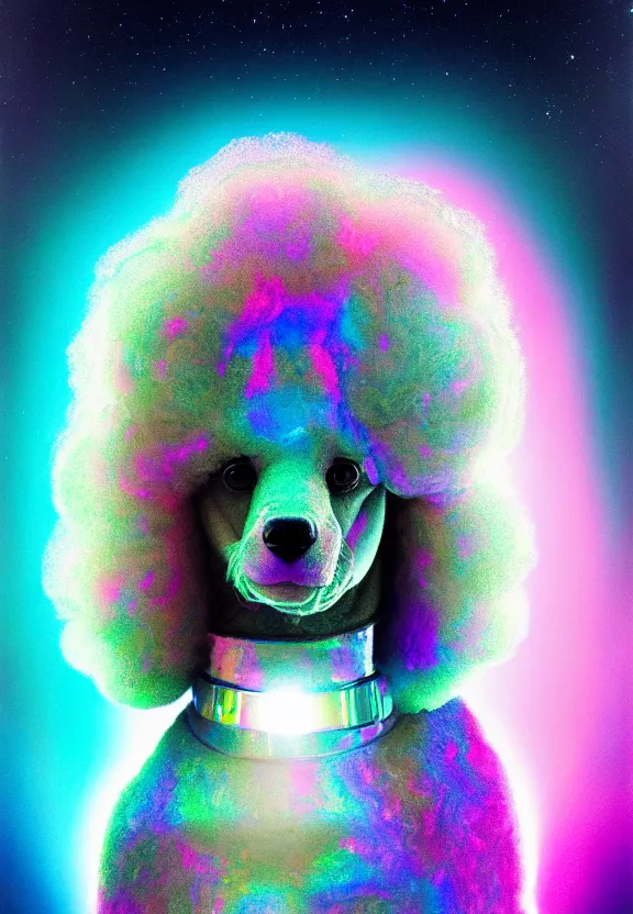 Prompt: a beautiful portrait of a poodle in a holographic iridescent spacesuit, cinematic, volumetric fog, risographic, digital art, 4 k, vintage sci - fi, inspired by moebius, inspired by thim white, inspired by h. r. giger