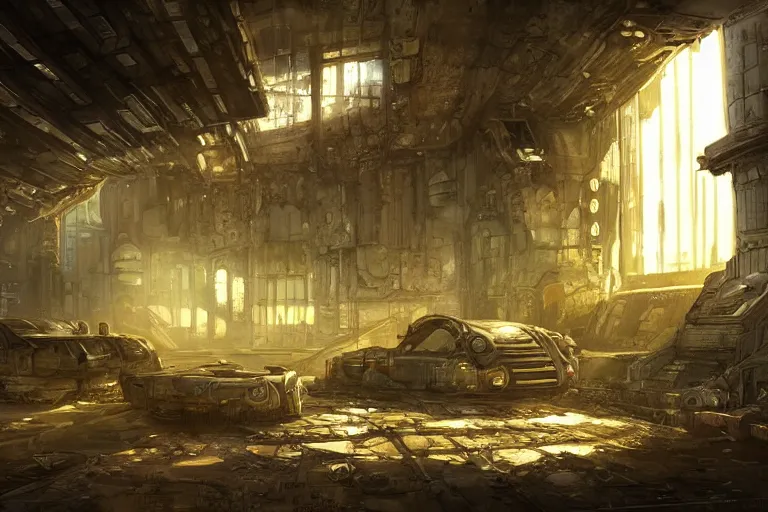 Image similar to an ancient damaged spaceship in the interior of an post - apocalyptic cyberpunk courtyard an old oak tree grows inside the courtyard golden rays of sunlight enter through the window gold neon lights digital art trending artstation beautiful cinematic light