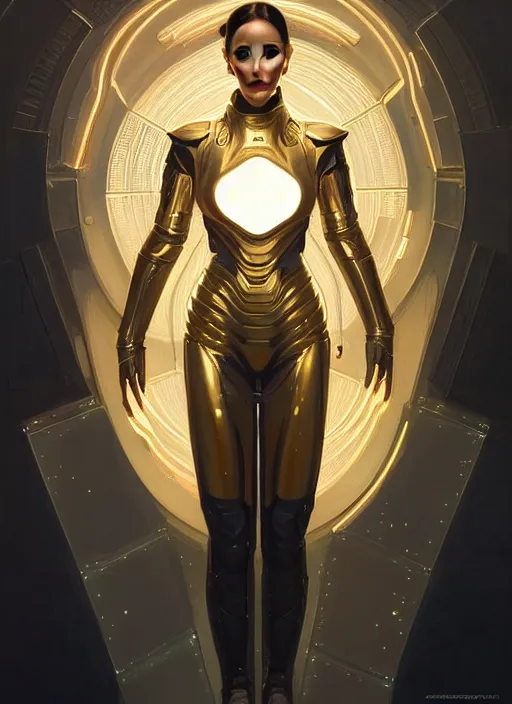 Image similar to symmetry!! portrait of jennifer connelly, gold sci - fi armour, tech wear, glowing lights!! sci - fi, intricate, elegant, highly detailed, digital painting, artstation, concept art, smooth, sharp focus, illustration, art by artgerm and greg rutkowski and alphonse mucha