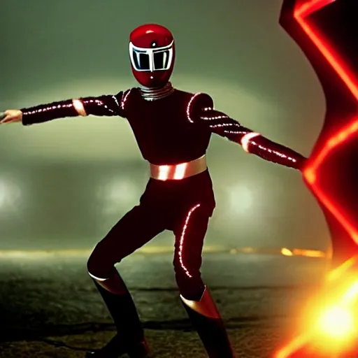 Prompt: mr. bean as powerranger. movie still. cinematic lighting.