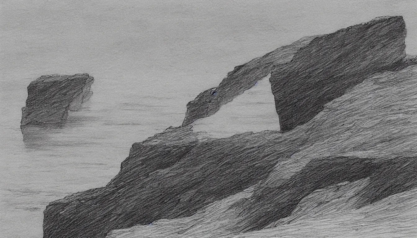 Prompt: ocean cliffs by Moebius, minimalist, detailed, black and white drawing