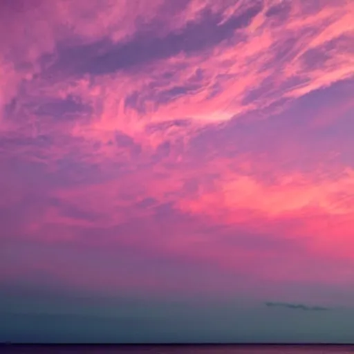 Prompt: dreamland blush colored sky with light feathery pink clouds on a reflective waveless flat open ocean reflecting the sky