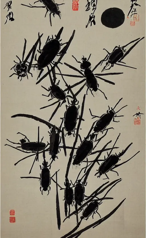 Image similar to qi baishi's chinese painting, insect and plant