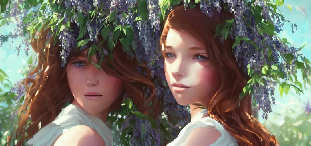 Prompt: a beautiful southern woman named Savannah, innocent, somber turquoise eyes, freckles, long ginger hair tied with white ribbon, sad under a wisteria plant, gentle lighting, storm in the distance, western clothing, dress, digital art by Makoto Shinkai ilya kuvshinov and Wojtek Fus, digital art, concept art,