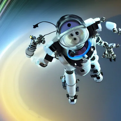 Image similar to 3 d rendered movie still pearlescent robot kitten robots quadruped in epic outer space battles and disco dance contests on saturn. science fiction, blockbuster movie, dystopian future, computer - animated science fiction film, space odyssey, imax, 7 0 mm, 4 k