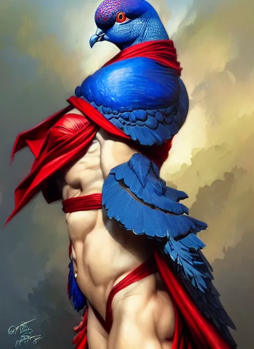 Image similar to portrait of aggressive pigeon humanoid, d & d, muscular! blue and red, fantasy, intricate, elegant, highly detailed, digital painting, artstation, concept art, smooth, sharp focus, illustration, art by artgerm and greg rutkowski and alphonse mucha