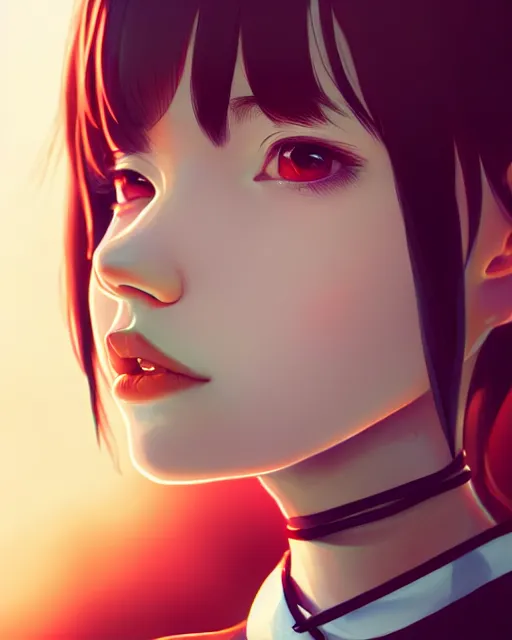 Image similar to full very close up neck shot of a beautiful skinny choir girl, in tshirt and choker, by saruei and guweiz and ilya kuvshinov, digital art, highly detailed, intricate, sharp focus, trending on artstation hq, deviantart, pinterest, unreal engine 5, 4 k uhd image