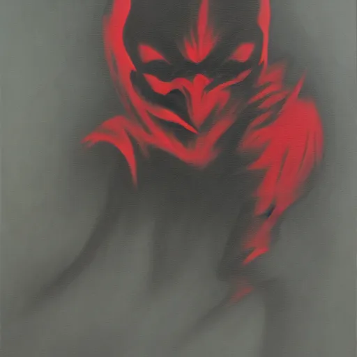 Image similar to Demon ninja warrior, Acrylic on canvas, low-key lighting, low angle, somber, sinister, doom, haunting