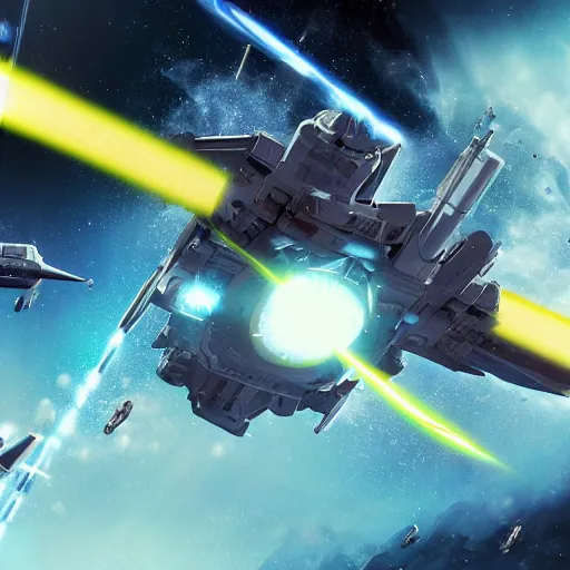 Prompt: science - fiction space battleship in combat, laser beams, explosions, space, planets