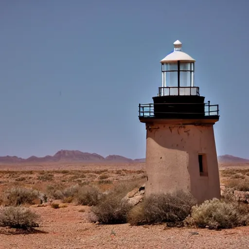Prompt: an old lighthouse in the middle of the desert sitting on a rock, post apocalyptic