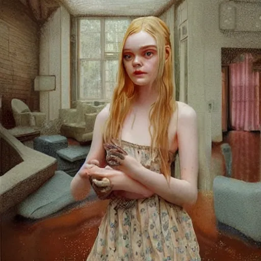 Image similar to pop-surrealism portrait painting of Elle Fanning in a flooded house interior, extremely detailed masterpiece,