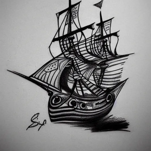 Image similar to realism tattoo design sketch of a pirate ship, by Sivak