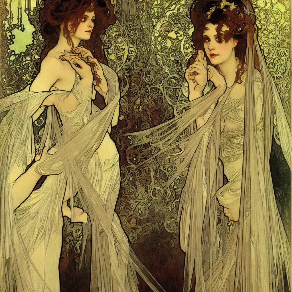 Prompt: realistic detailed portrait of a gothic bride in the mirror, god ray behind,, scary style, by alphonse mucha