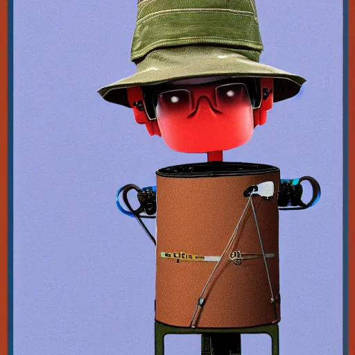 Prompt: a robot wearing a bucket hat, his head looks like a TV