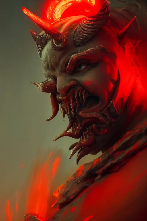 Prompt: ultra detailed close up portrait of devil holding a glowing red sword while laying on a ruined concrete bed, extremely detailed digital painting, in the style of fenghua zhong and ruan jia and jeremy lipking and peter mohrbacher, mystical colors, rim light, beautiful lighting, 8 k, stunning scene, raytracing, octane, trending on artstation