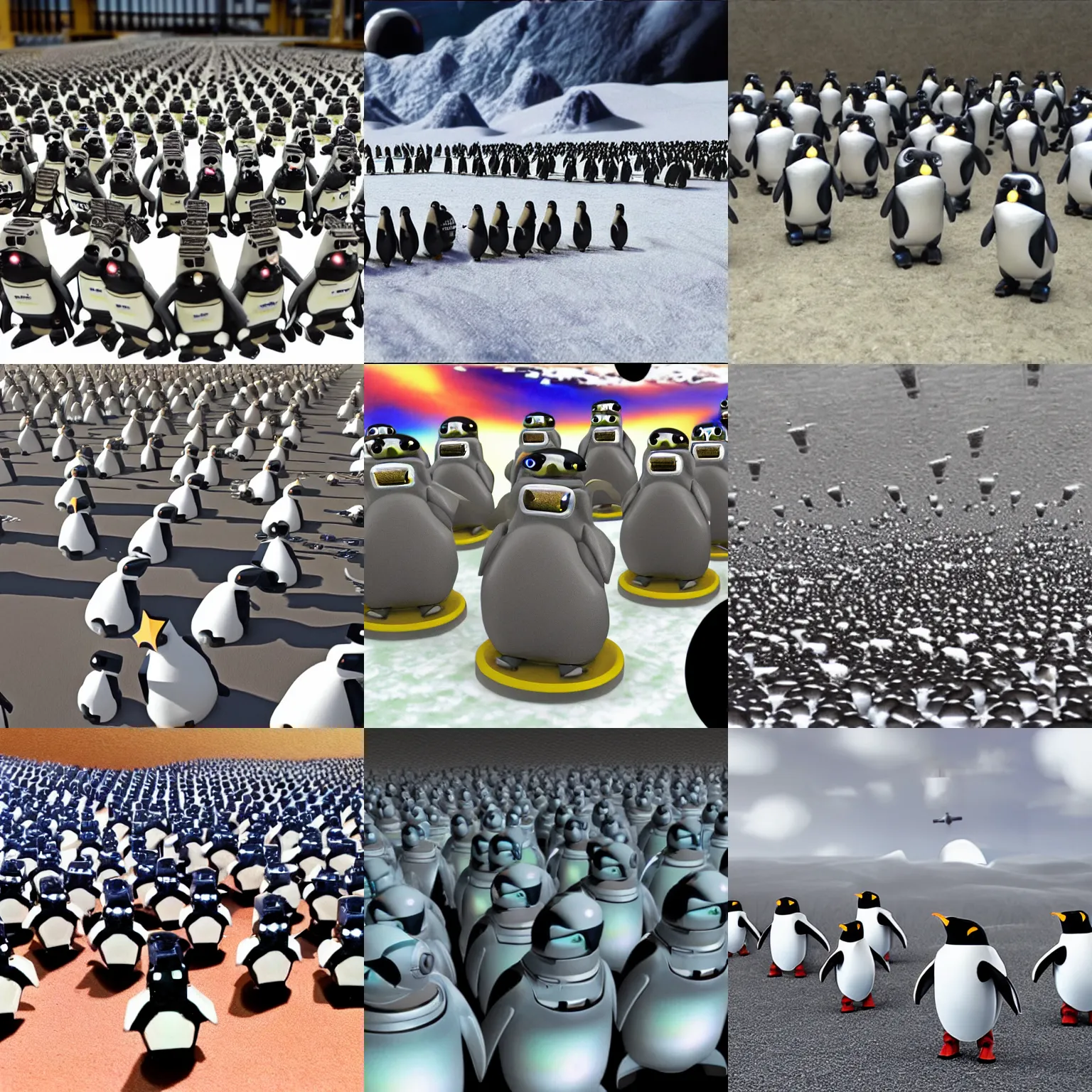 Prompt: army of robotic space penguins, invading cheese planet, hyper-realistic