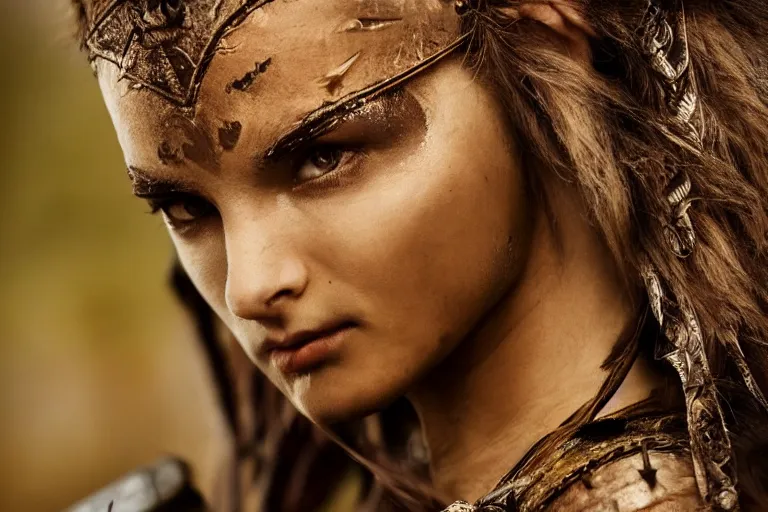 Image similar to close - up photo of a beautiful warrior princess in a battle scene, detailed eyes, shallow depth of field, photorealistic, cinematic lighting, warm colours, dusk