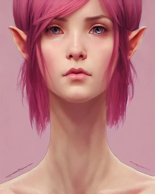 Image similar to portrait of pink short haired half elf with bangs, intricate, elegant, highly detailed, my rendition, digital painting, artstation, concept art, smooth, sharp focus, illustration, art by artgerm and greg rutkowski and alphonse mucha and uang guangjian and gil elvgren and sachin teng and wlop, symmetry!!