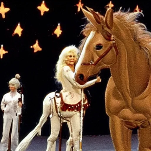 Image similar to a centaur with the head of Dolly Parton
