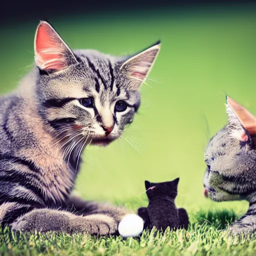 Prompt: color still of a group of cats playing with stuffed toy kittens, grassy field, close up, high detail